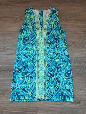 Lilly Pulitzer NWOT Teal & Aqua Floral Midi Shift Dress with Embroidered Placket